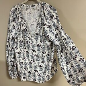 Hinge Multicolored Relaxed Tie Front Blouse with Long Sleeves